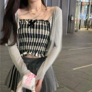 Plaid Tube Top + Light Cardigan + Pleated Mini Skirt