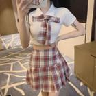 Cropped Polo Shirt / Bowtie / Plaid Pleated Mini A-line Skirt / Set