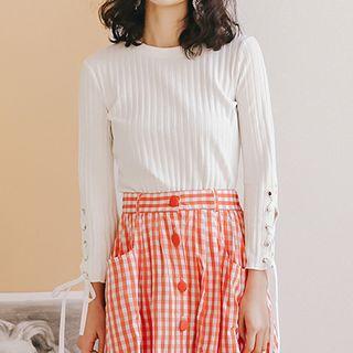 Lace-up Ribbed Long-sleeve T-shirt