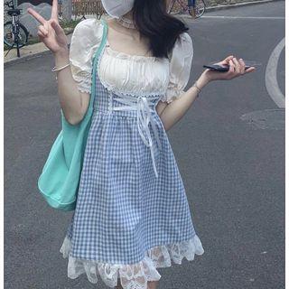 Short-sleeve Square-neck Plaid Mock Two-piece Dress