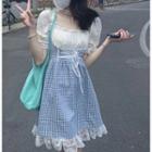 Short-sleeve Square-neck Plaid Mock Two-piece Dress