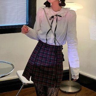 Long-sleeve Blouse / Plaid Mini A-line Skirt
