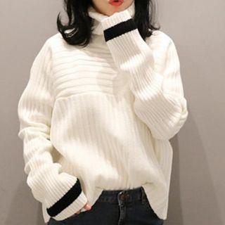 Mock-turtleneck Color-block Knit Sweater
