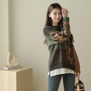 Color-block Leopard-panel Wool Blend Sweater