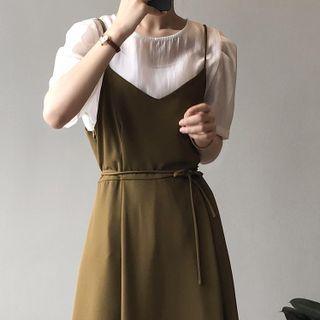 Set: Short-sleeve Plain Top + Strappy Midi A-line Dress