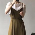 Set: Short-sleeve Plain Top + Strappy Midi A-line Dress