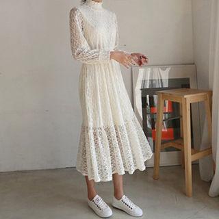 Smocked-neck Lace A-line Dress