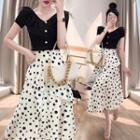 Set: Short-sleeve Knit Top + Floral Skirt