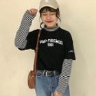 Mock Two Piece Lettering Striped Panel Long Sleeve T-shirt
