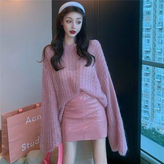 Pointelle Knit Top / Mini A-line Faux Leather Skirt