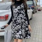 Floral Print Mini A-line Overall Dress / Long-sleeve Mock-neck Top