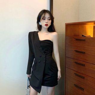 Long-sleeve One Shoulder Double Breasted Dress