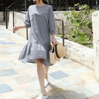 3/4-sleeve Gingham Midi Dress