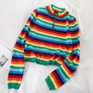 Striped Mock-neck Knit Top As Shown In Figure - One Size