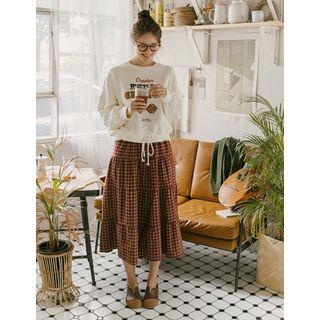 Band-waist Checked Long Tiered Skirt
