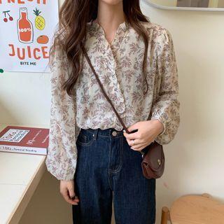 Frilled Trim Floral Long-sleeve Chiffon Blouse