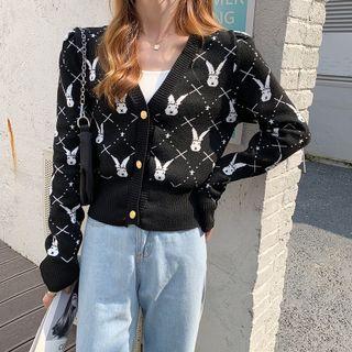 Rabbit Jacquard Cropped Cardigan Black - One Size