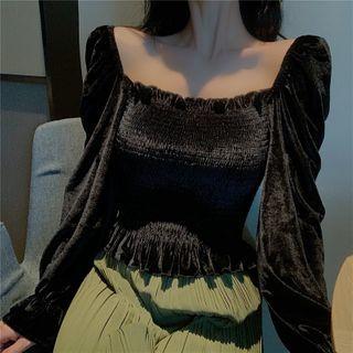Puff Sleeve Square Neck Velvet Smocked Top