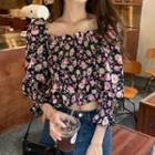 Puff-sleeve Square-neck Floral Chiffon Top