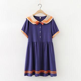 Striped Short-sleeve Collared Dress Navy Blue - One Size
