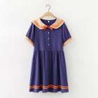 Striped Short-sleeve Collared Dress Navy Blue - One Size