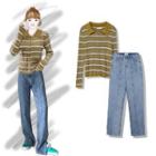 Collared Striped Cardigan / Straight-leg Jeans