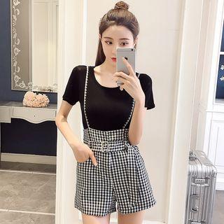 Set: Short-sleeve Top + Spaghetti Strap Plaid Shorts