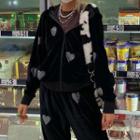 Set: Heart Rhinestone Velvet Zip-hoodie + Long Pants