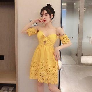 Short-sleeve Off-shoulder Eyelet Lace A-line Mini Dress