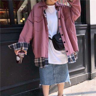Couple Matching Plaid Paneled Buttoned Cargo Jacket