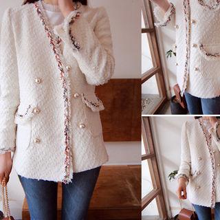 V-neck Fringe-trim Tweed Jacket Ivory - One Size