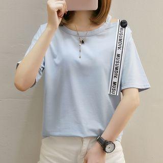 Lettering Applique Cut Out Shoulder Short Sleeve T-shirt