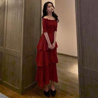 Off-shoulder Elbow-sleeve Midi A-line Dress / Sweatshorts