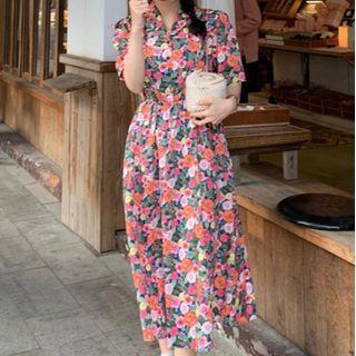 Short-sleeve Floral Print A-line Dress Pink & Red Flowers - Dark Green - One Size