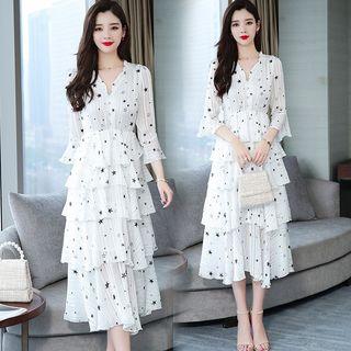 Long-sleeve Star Midi Chiffon Dress