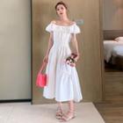 Off-shoulder Frill Trim A-line Midi Dress