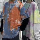 Mock Two-piece Long-sleeve Tie Dye T-shirt