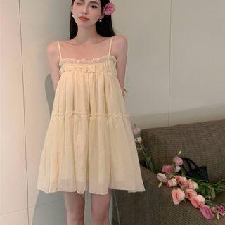 Spaghetti Strap Frill Trim Mini Smock Dress Light Yellow - One Size