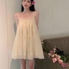 Spaghetti Strap Frill Trim Mini Smock Dress Light Yellow - One Size
