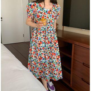 Puff Sleeve Round Neck Floral Print A-line Dress