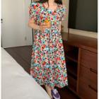 Puff Sleeve Round Neck Floral Print A-line Dress
