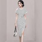 Asymmetrical Cold-shoulder Striped A-line Dress