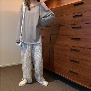 Cold-shoulder Sweatshirt + Elastic-waist Straight-leg Pants