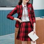 Plaid Blazer / Pleated Mini A-line Skirt / Shirt / Set