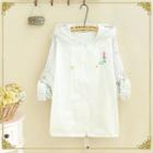 Hooded Plaid Embroidered Zip Jacket White - One Size