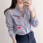 Lip Letter Embroidery Striped Cotton Shirt