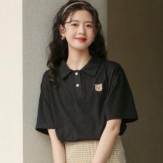 Short-sleeve Bear Embroidered Collared T-shirt Black - One Size