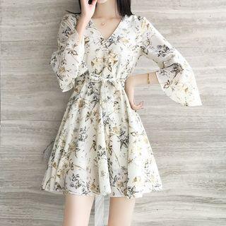 Flared-sleeve Floral Mini A-line Dress