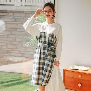 Mock Two-piece Midi Plaid Hoodie Dress