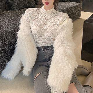 Fluffy Jacket / Mock-neck Lace Top